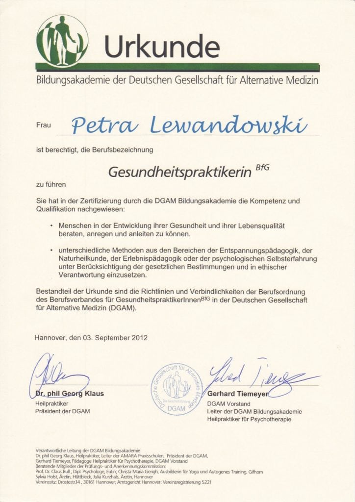 Urkunde Gesundheitspraktikerin